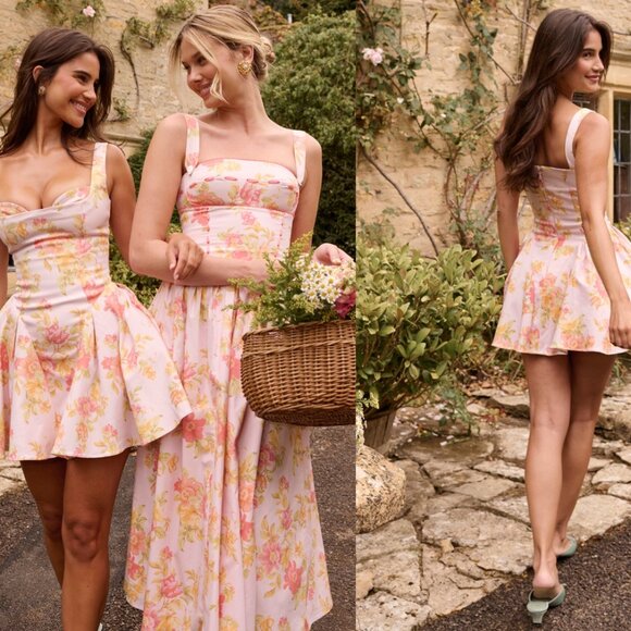 HOUSE OF CB 'Bunny' Peach Poppy Print Twill Mini Dress NWOT - Picture 4 of 4